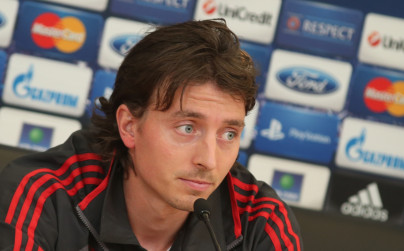 Defender' Milan 'Riccardo Montolivo during a press conference ahead of the UEFA Champions League 2012/13, «Zenit» — «Milan»